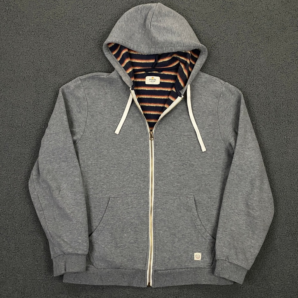 Marine Layer Zip Hoodie Mens Large Gray Striped Fleece Lined Sweatshirt Casual
